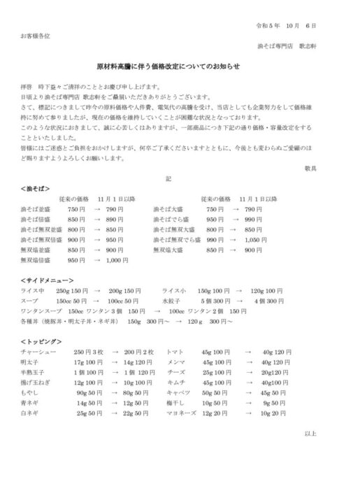 価格改定について